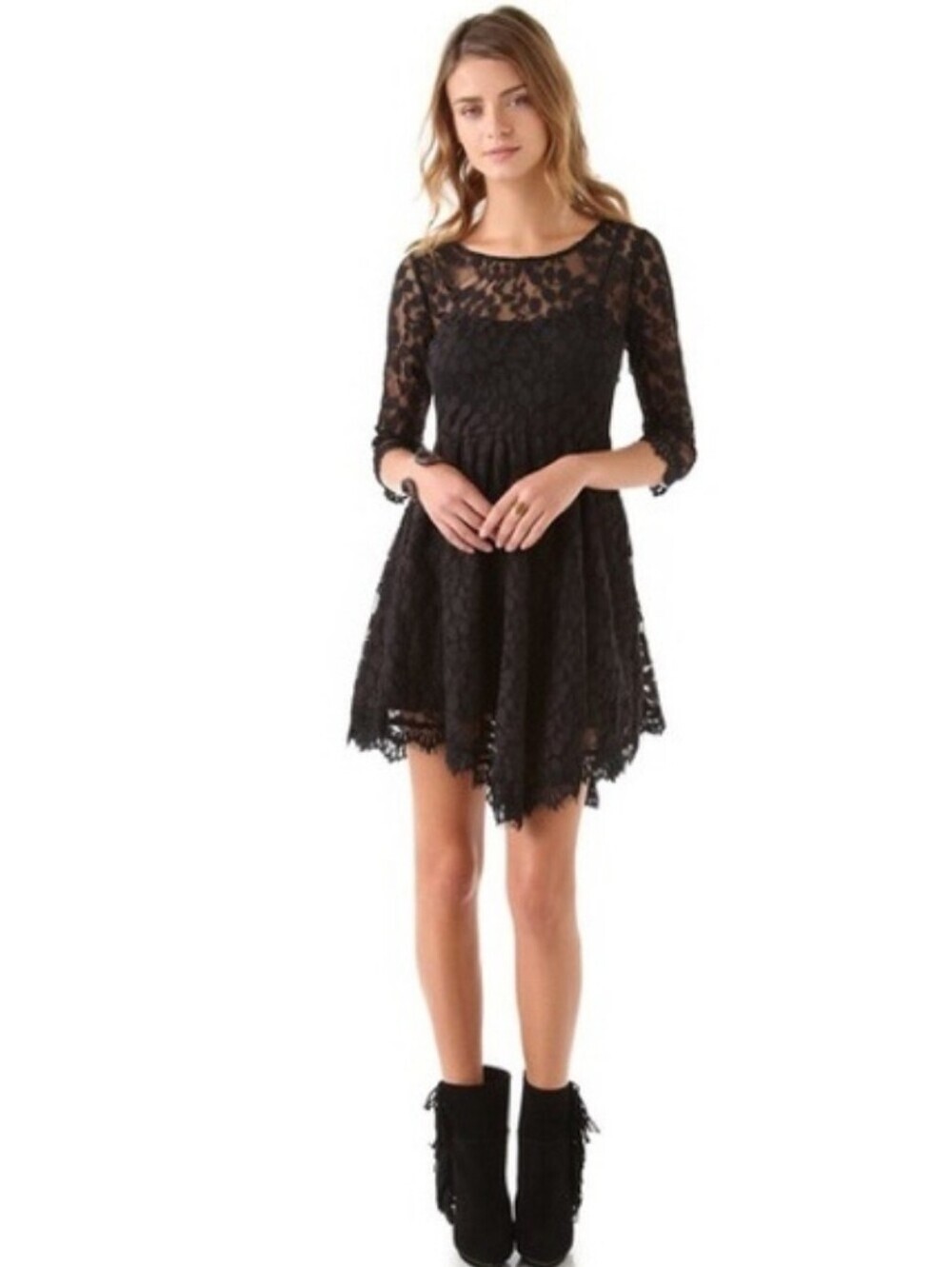 Free People Black Floral Lace Fit-and-Flare Dress Size 2 NWT